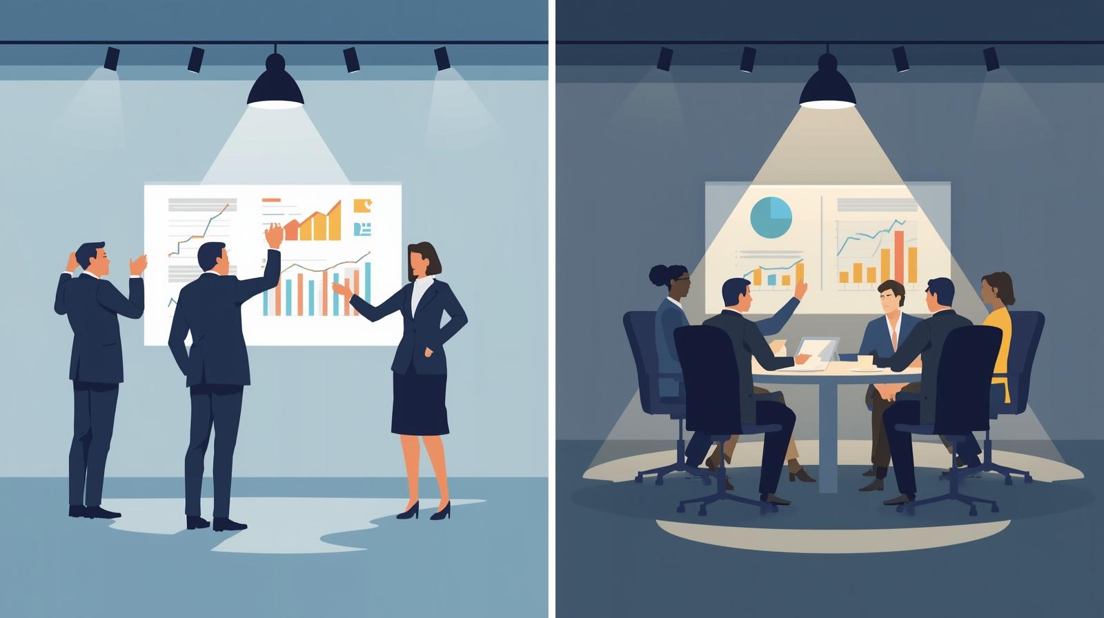 Two scenes of business meetings, one with people presenting, the other in a conference room.